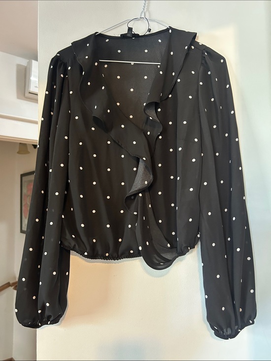 Dynamite Tops - Dynamite Black Polka Dot Ruffle Wrap Blouse